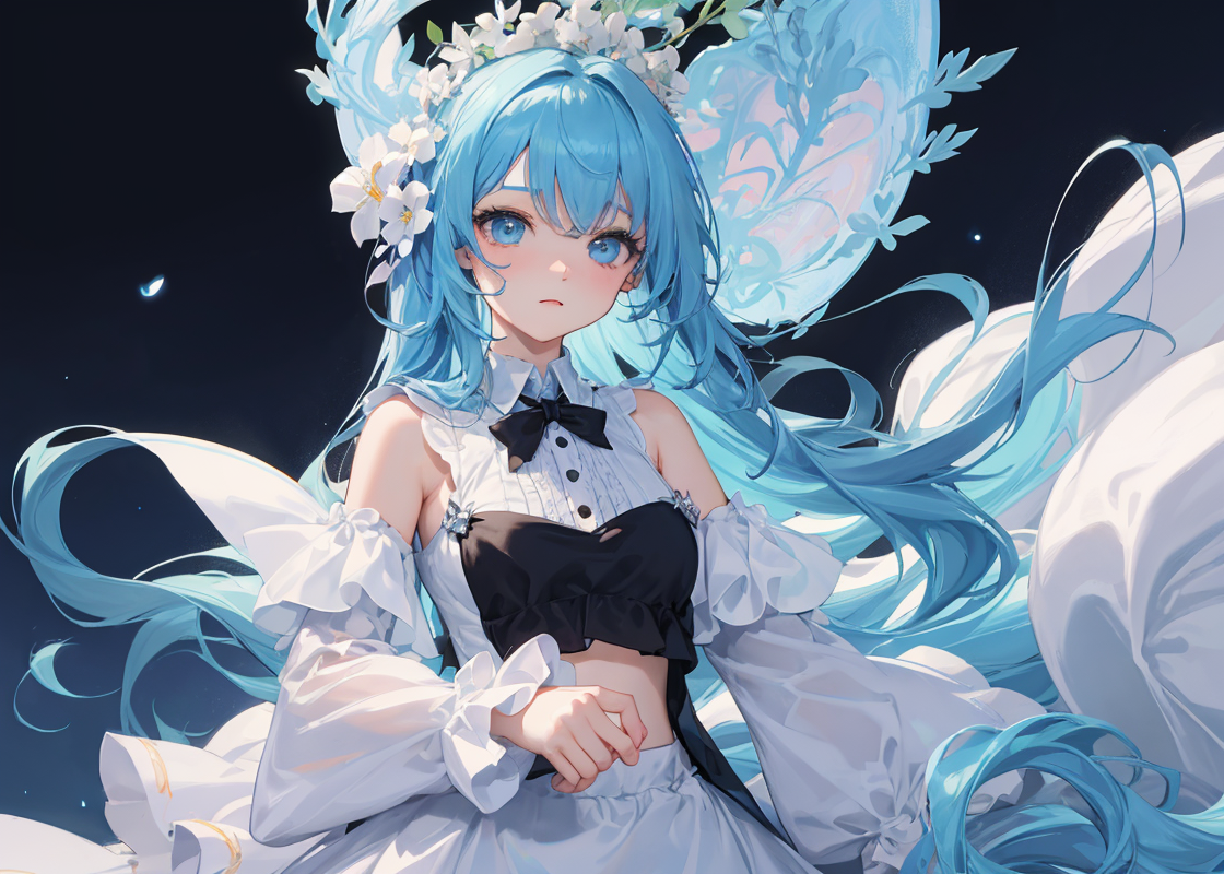 她穿着缤纷的蓝色连衣裙,长发垂至腰间,梦幻而美丽.