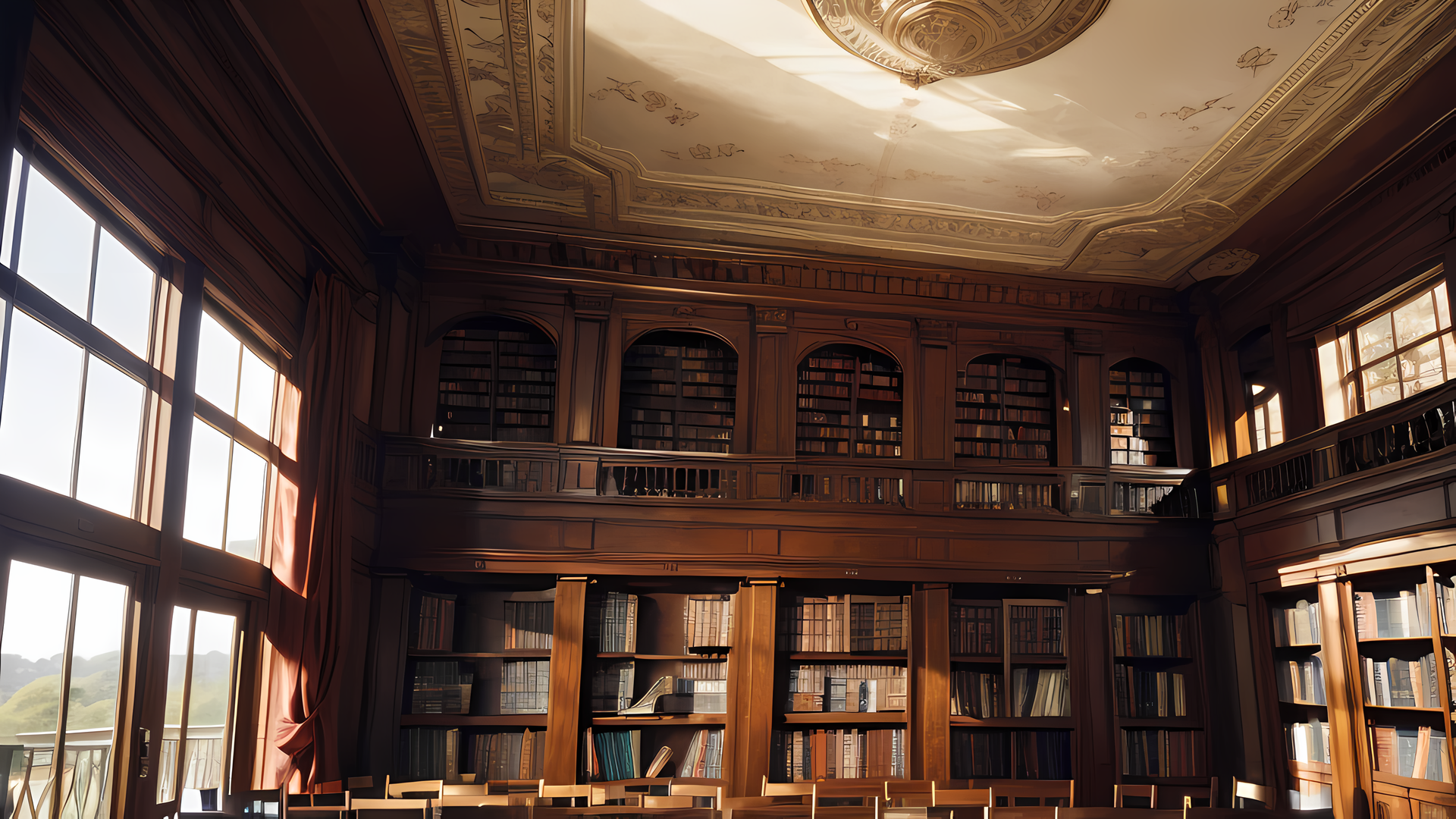 图为ai绘画生成的欧式图书馆,真的像是魔法世界的图书馆一样.
