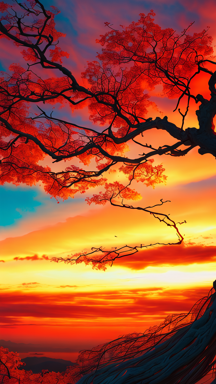 太阳落山,天空染上了橙红色的云彩,红日挂在瘦削的枝头,剑仙站在风中