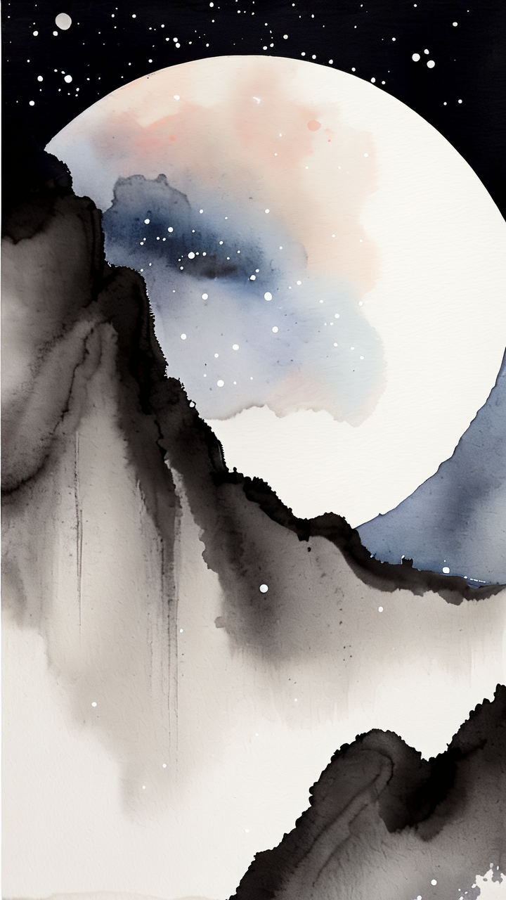 中国风的星空,明月照亮江面,花树,远景 哇,这就像一幅中国风的水墨画!