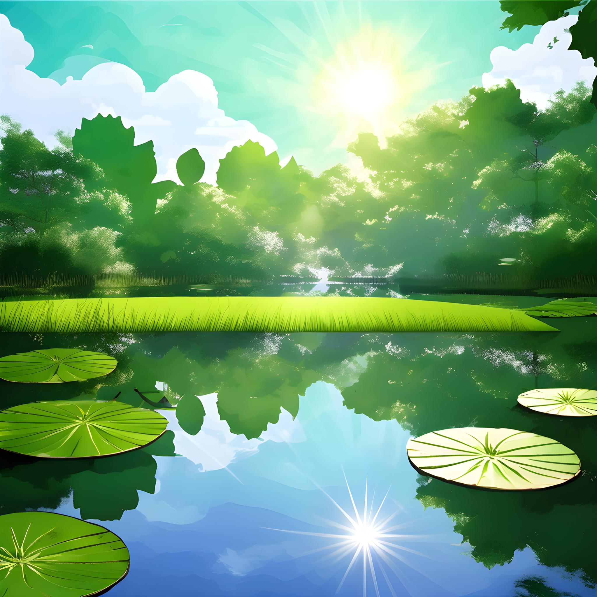 树木翠绿茂盛,蓝天白云与荷花池 树木翠绿茂盛,背景是蓝天白云与荷花