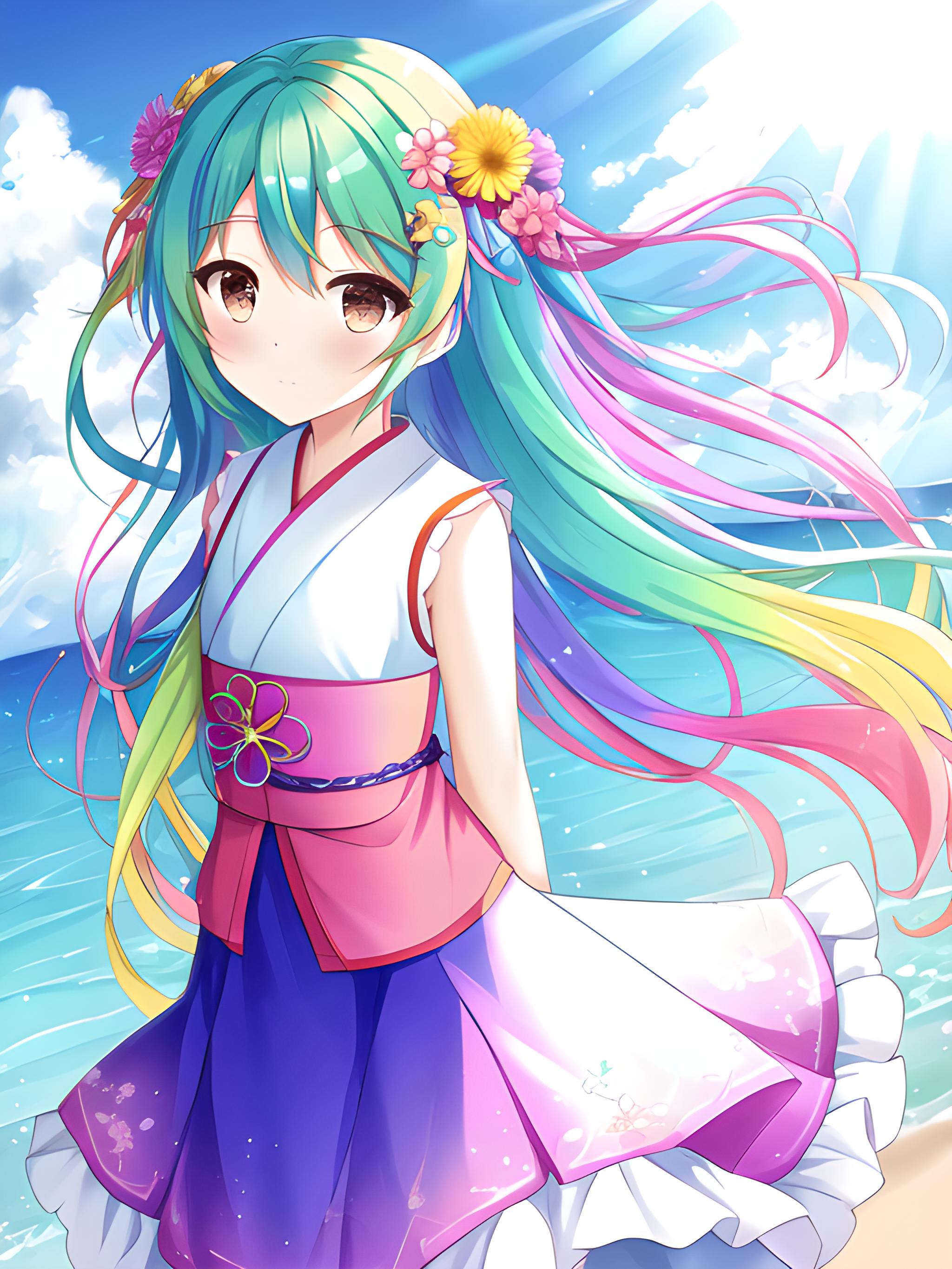 二次元虹彩妹妹 #动漫壁纸##二次元##ai绘画# 夏天的清凉搭配雨后彩虹