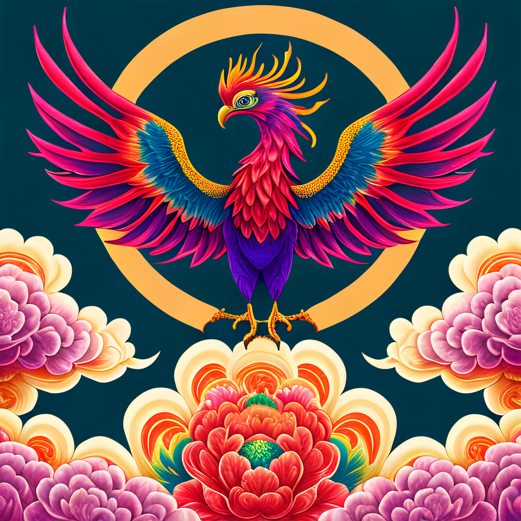 七彩凤凰 祥云图案 牡丹 中国风 刻画细致 七彩凤凰 祥云图案 牡丹