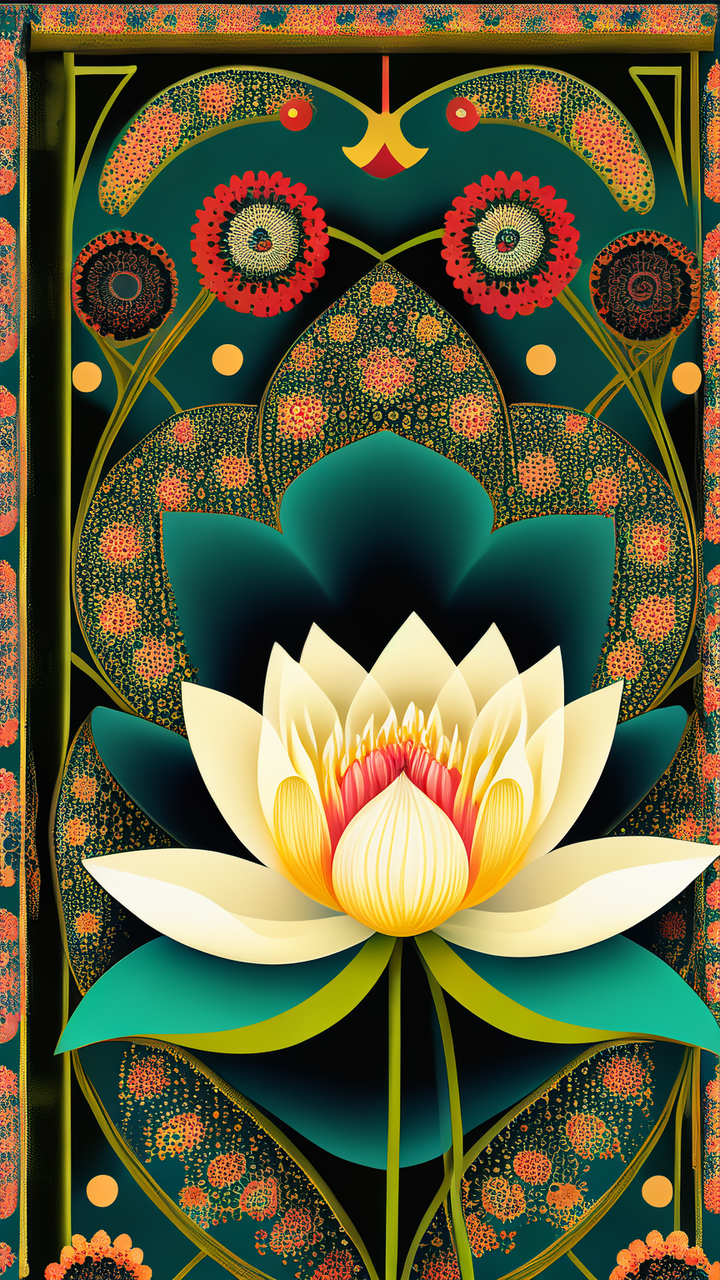 传统与时尚融合,荷花抽象图案设计展示 荷花,抽象风格,完整图案,色彩