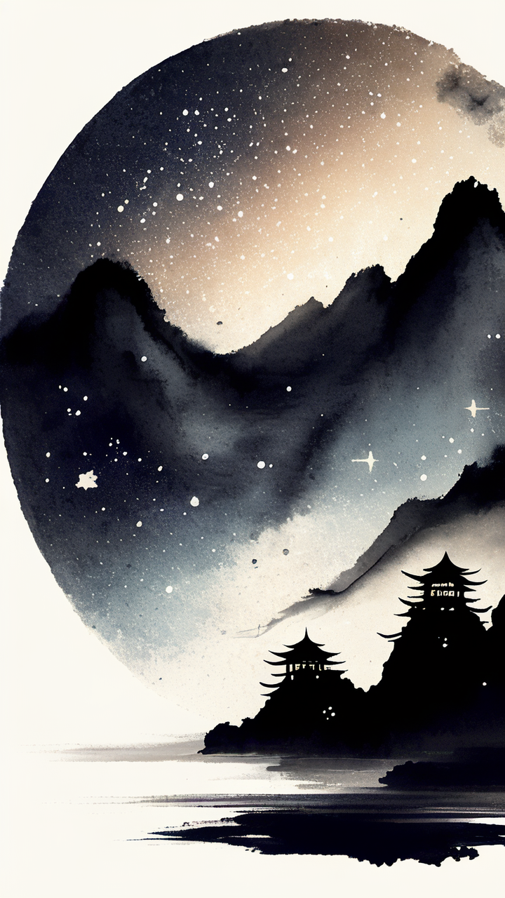 中国风的星空,明月照亮江面,花树,远景 哇,这就像一幅中国风的水墨画!