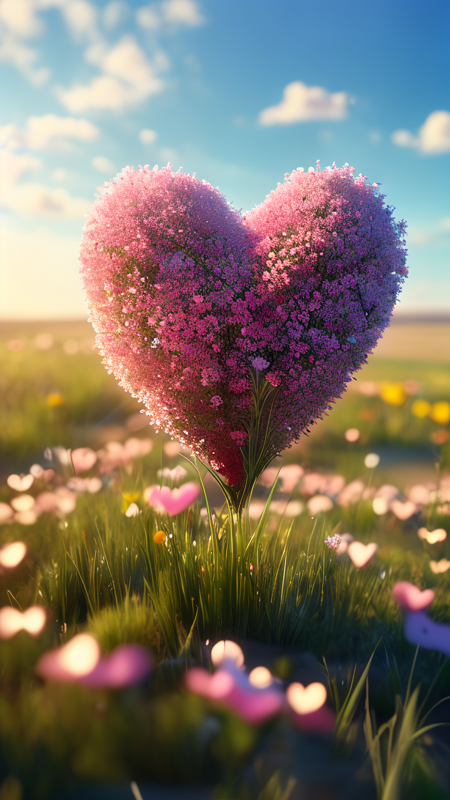草原上一束爱心小花,蓝天白云,皮克斯风格 在辽阔的草原上,有一束爱心