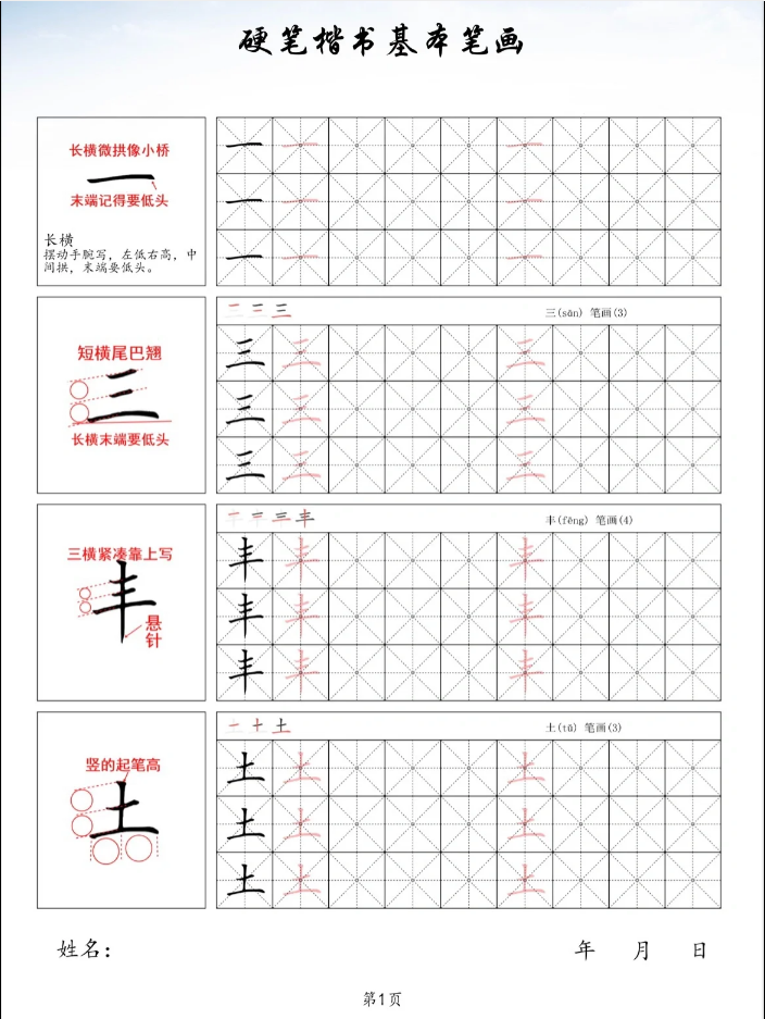 硬笔零基础入门教学教程 硬笔书法教学教程,包括四部分:初,中,高级.