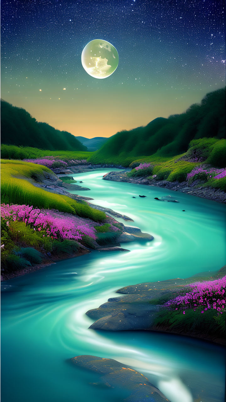 一条小河蜿蜒向前,一轮皎洁明月,唯美梦幻 蜿蜒曲折的小河仿佛是连接