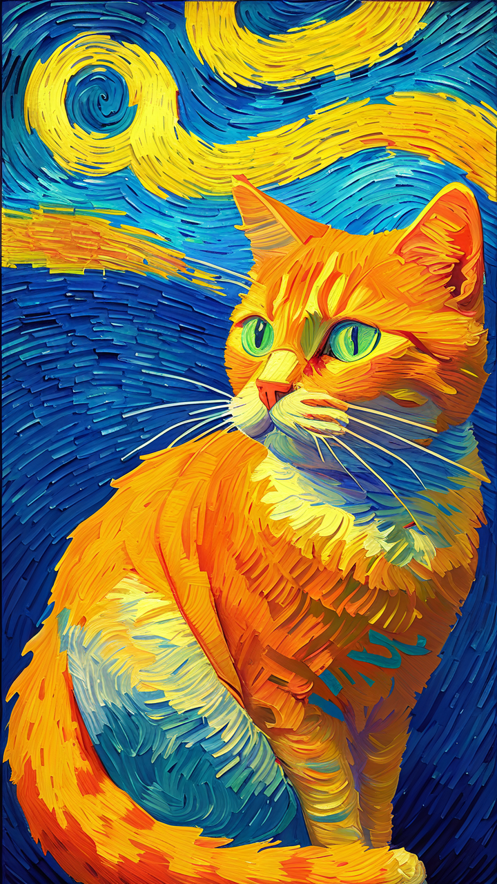 "🎨🖌️让我为你画一只可爱的橘猫,采用梵高风格,让他的眼神里
