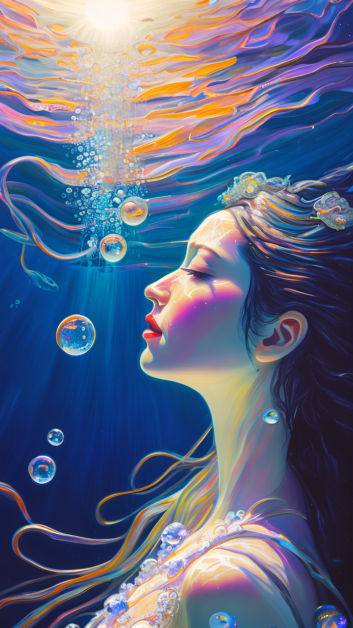 盛夏夜晚的海底,静谧辽阔,女神特写,游来游去,皎白月光,海底流光也适