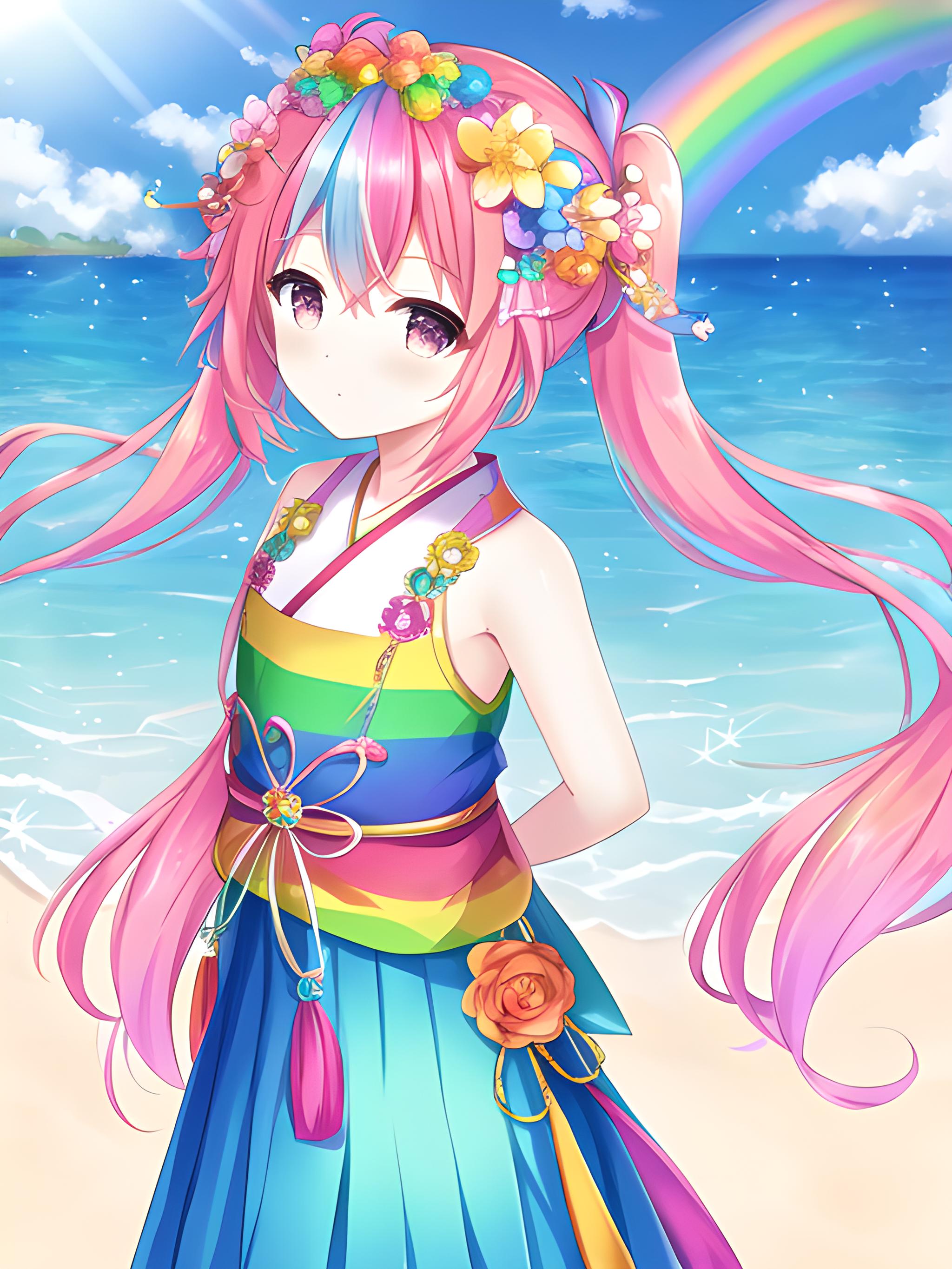 二次元虹彩妹妹 #动漫壁纸##二次元##ai绘画# 夏天的清凉搭配雨后彩虹