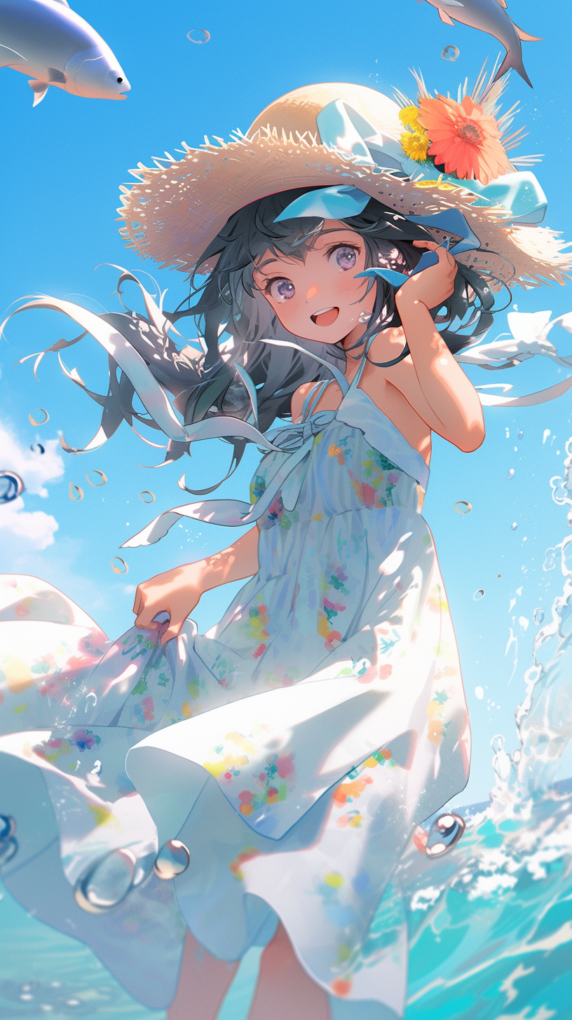 炎炎夏日,海边,少女与鱼 #mj# #ai绘画# #壁纸# #动漫壁纸# #手机壁纸