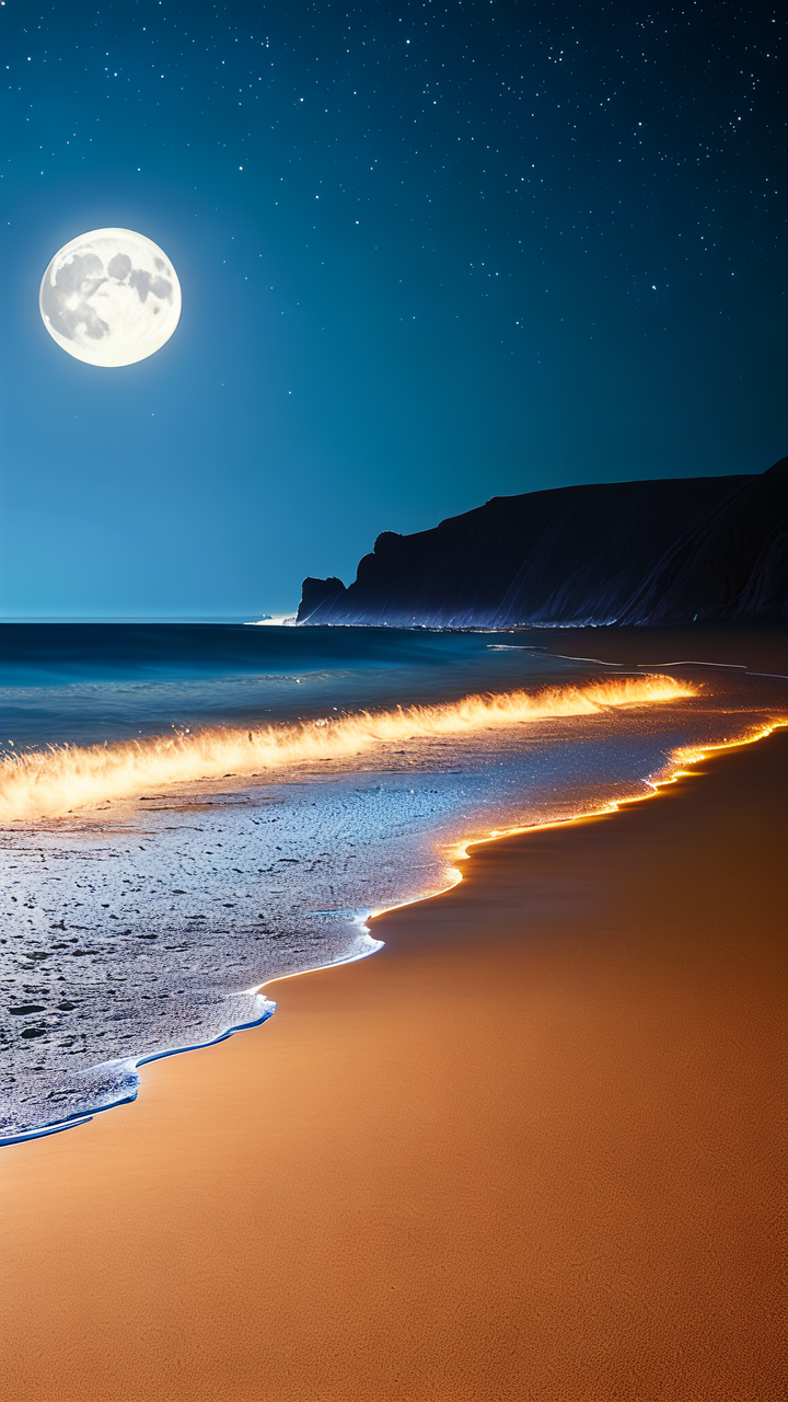 夜晚的海滩,月光洒在沙滩上,梵高 宇宙 哇塞,夜晚的海滩真的是美到