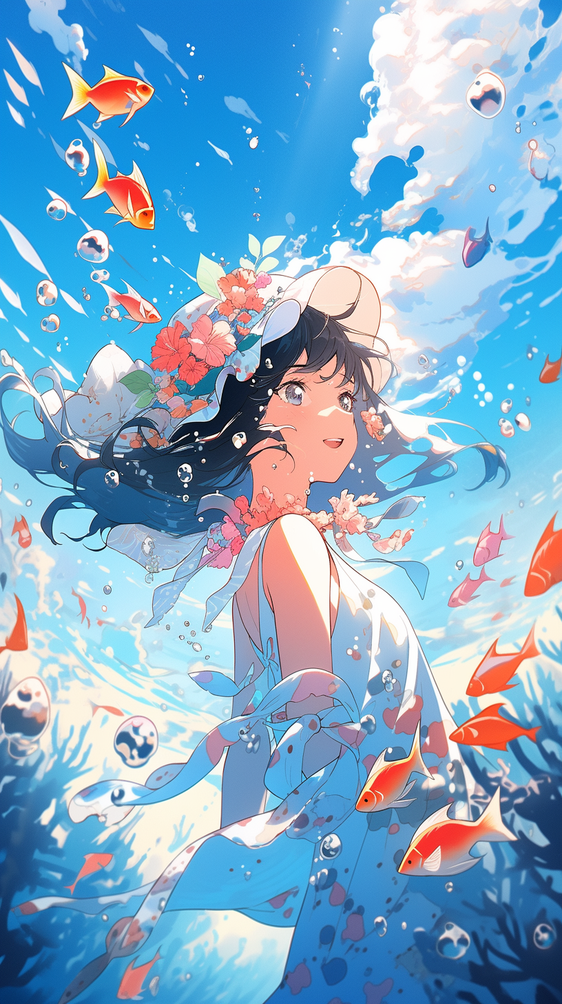 炎炎夏日,海边,少女与鱼 #mj# #ai绘画# #壁纸# #动漫壁纸# #手机壁纸