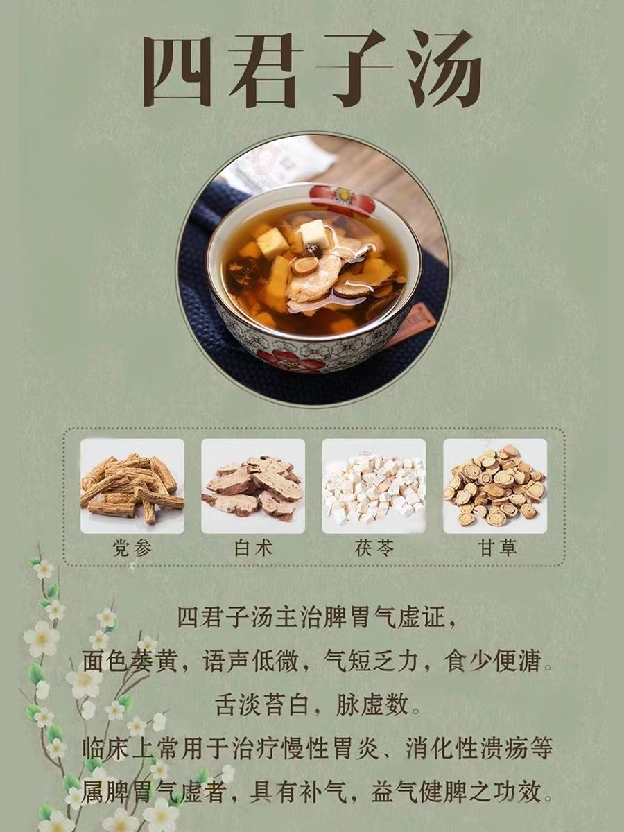四君子汤由人参,白术,茯苓,甘草组成,用量分别为9g,9g,6g.