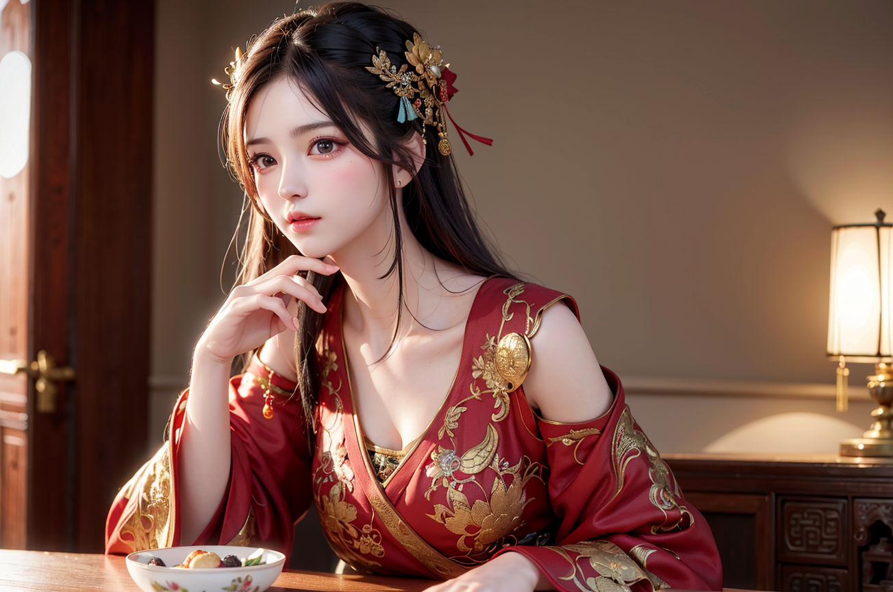 一头乌黑的秀发轻柔地披散在肩上,微风拂过,仿佛在跳舞一般.